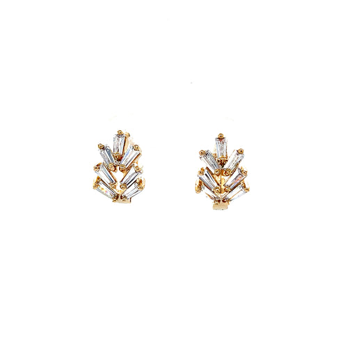 10k gold-filled huggies earrings featuring a leaf-like design and accented with elongated zirconia stones, set against a white background.